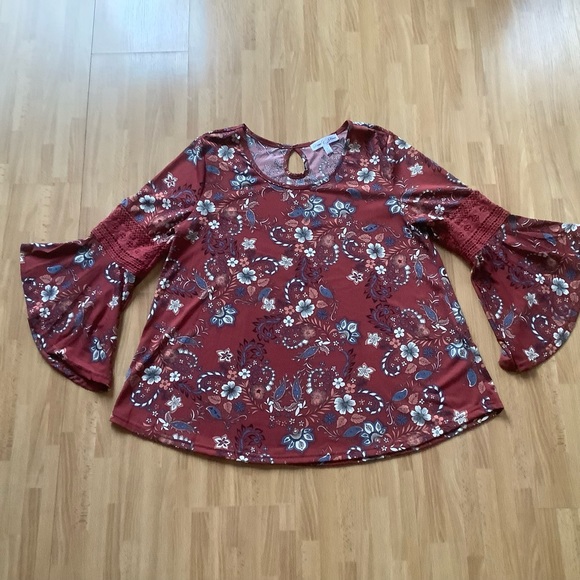 Stem & wine womens burgundy plum floral blouse size large bell sleeve crochet - Picture 6 of 7